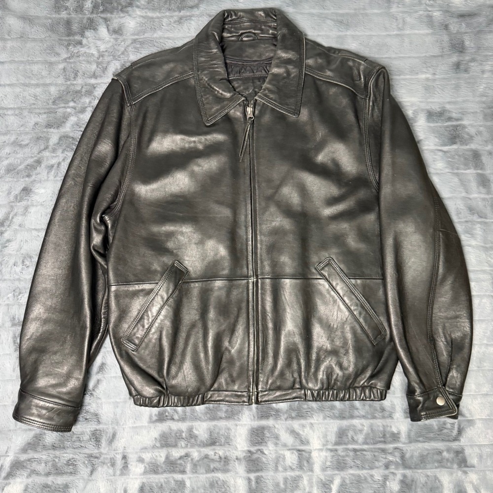 American Classic Mens Black Leather Bomber Jacket Full Zip Quilted 640629 M